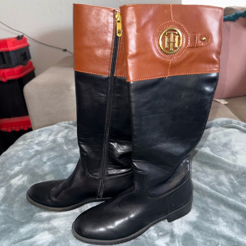 Tommy Hilfiger Black and Tan Over the Knee Boots